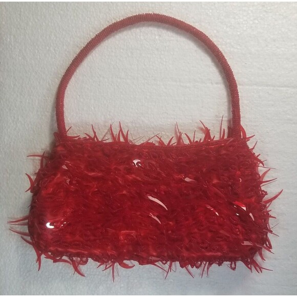 Red Italian Handbag Beaded & Dangle Half Moon Design Single Bead Handle UNIQUE - Picture 3 of 5